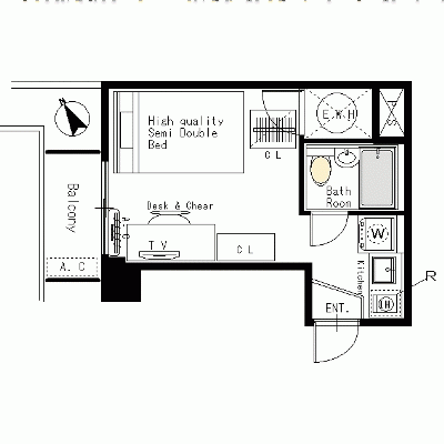 [六本木一丁目駅・飯倉片町]マンスリー9B：1R、17平米(2階)の間取り図