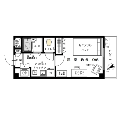 [六本木交差点至近]マンスリー17A：1R、33平米(2階)の間取り図