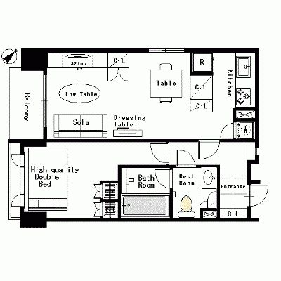 [溜池山王・赤坂]マンスリー7A：1LDK、45平米(2階)の間取り図