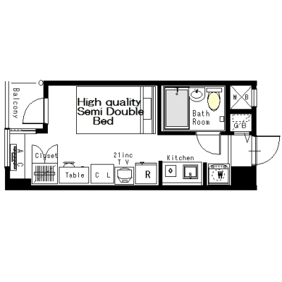 [六本木ミッドタウン至近]マンスリー6K：1R、20平米(11階)の間取り図