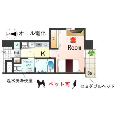 ★SステイDM神戸六甲【禁煙ルーム・セミダブルベッド・オール電化】★ペット可★ウォシュレット・洗面脱衣所付きで設備充実の分譲賃貸★の間取り図