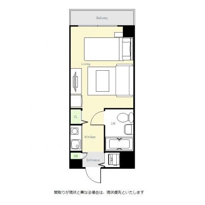 ユニオンマンスリー横浜駅西口１　401　1K・シングル・くつろぎstyle☆横浜駅西口の勤務におススメ！電車完全回避！休日はポートサイドエリアの公園散歩がおススメの間取り図