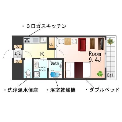 ★Sステイ岡山ノーブル★浴室暖房換気乾燥機★ダブルベッド★ウォシュレット★の間取り図