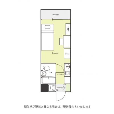 ユニオンマンスリー花月総持寺１　111　1R・シングル☆【禁煙ルーム】人気の角部屋♪デスク・チェア＆室内洗濯機など生活家電のあるお部屋の間取り図