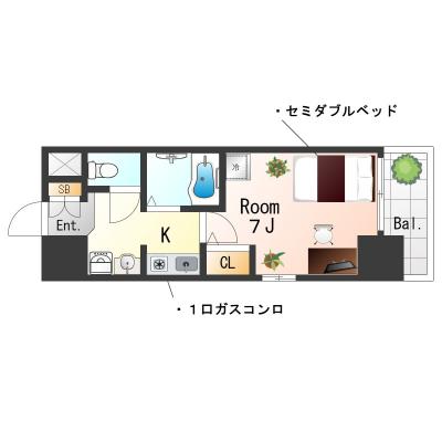 ★SステイEL南森町駅前★インターネットWi-Fiレンタル可★バストイレセパレート、オートロック、ガスキッチン★セミダブルベッド★の間取り図