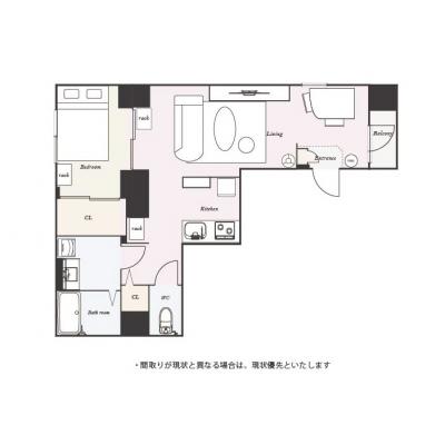 ユニオンマンスリー新富町LuxuryⅠ　101　1LDK・ダブル【４名まで】☆◆インターネット固定回線（有線・Wi-Fi）無料の部屋◆【禁煙ルーム】曲線のある家具でやさの間取り図