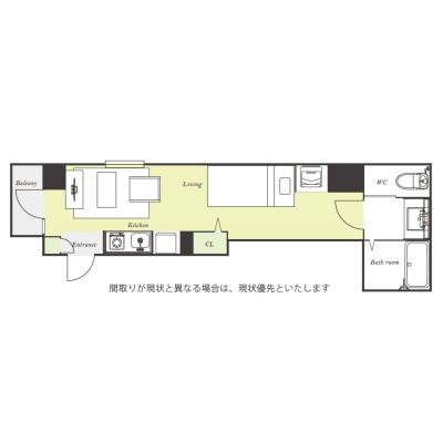 ユニオンマンスリー新富町レジデンス１　502　1R・シングル☆◆インターネット固定回線（有線・Wi-Fi）無料の部屋◆【禁煙ルーム】2022年築の築浅デザイナーズ物件！人気の角部屋＆バストイレ別！の間取り図