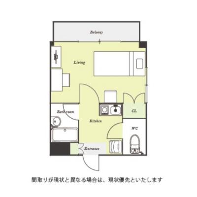 ユニオンマンスリー府中分倍河原１　405　1K・シングル☆【禁煙ルーム】人気の角部屋＆バストイレ別♪勉強やテレワークなどワークスペースにおすすめデスク・チェアのあるお部屋！の間取り図