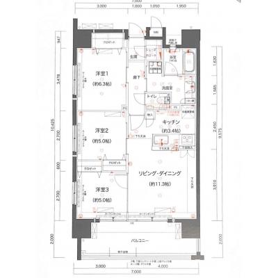高層階のお部屋：オーシャンビューの開放感のある3LDKのお部屋の間取り図