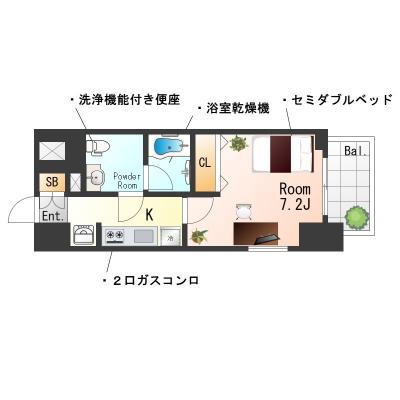 ★SステイPD西横浜【禁煙ルーム・セミダブルベッド】★インターネットWi-Fiレンタル可★浴室暖房乾燥機・独立洗面化粧台・ウォシュレット・ガス２口Kなど設備充実★の間取り図