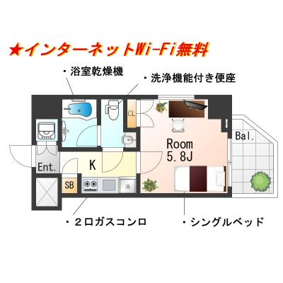 ★Sステイ横浜井土ヶ谷セジョリ蒔田【禁煙ルーム・Wi-Fi無料】★独立洗面化粧台・ウォシュレット・浴室暖房乾燥機など設備充実★の間取り図