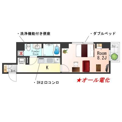 ★SステイRP月島・勝どき【禁煙ルーム・ダブルベッド】★独立洗面台・ウォシュレット・IHシステムキッチン★オール電化★の間取り図