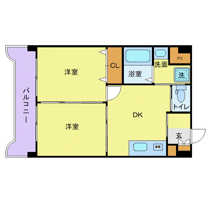 グッドステイ山形SOUTHフローラⅡ●『禁煙ルーム・2DK・40平米・ツイン・追い焚き機能・独立洗面』【ベーシック】の間取り図