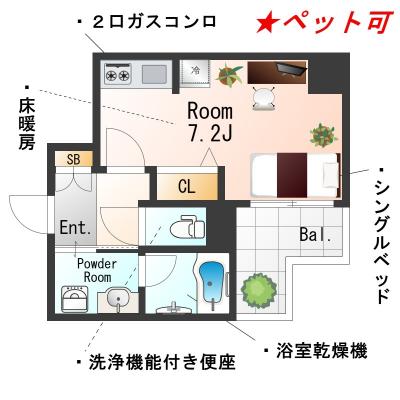 SステイRH大阪城WEST・谷町4丁目【禁煙ルーム・ワンルーム】★インターネットWi-Fiレンタル可★独立洗面化粧台・ウォシュレット・浴室乾燥機・床暖房・ガスKなど設備充実★ペット可★の間取り図