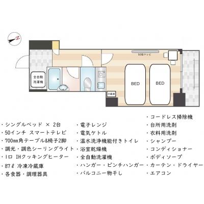 【25年12月オープン】ニューガイアリルーム芝№27　5th floor ツインルーム (Wi-Fi無料・禁煙🚭・浴室乾燥・IHクッキングヒーター)の間取り図