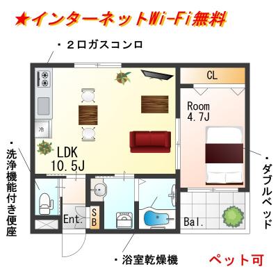 ★SステイGA泉佐野大西【禁煙ルーム・１LDK・Wi-Fi無料・ダブルベッド・1号タイプ】★2025年6月新築★独立洗面化粧台・浴室暖房乾燥機・追い焚き・ウォシュレット・ガス２口K★ペット可★の間取り図