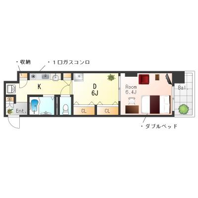 ★SステイEL天満橋【禁煙ルーム・１DK・ダブルベッド】★インターネットWi-Fiレンタル可★独立洗面台・ガスキッチン・オートロック★分譲マンション★の間取り図