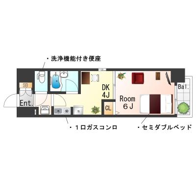 ★SステイEL京都河原町第3【禁煙ルーム・１DK・セミダブルベッド】★【禁煙ル ーム・１DK・セミダブルベッド】★インターネットWiFiレンタル可★バストイレ別・ガスキッチン・オートロック★の間取り図