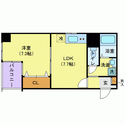 OneLife知事公館前ヴィレッジ【★1LDKタイプ，オートロック付き，独立洗面台，2口コンロ】の間取り図