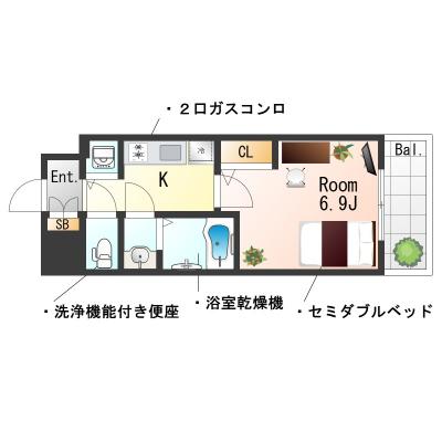 📣お値引き🈹キャンペーン✨Wi-Fi🛜レンタル可✨禁煙🚭★SステイEL松屋町SOUTH🛌セミダブルベッド★ウォシュレット・浴室乾燥・独立洗面化 粧台・ガス２口K・オートロックなど設備充実の間取り図