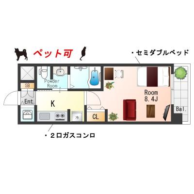 ★SステイCクラウン天王寺【禁煙ルーム・１K・セミダブルベッド】★インターネットWi-Fiレンタル可★独立洗面台・ウォシュレット・ガス2口K・オートロック★ペット可★の間取り図