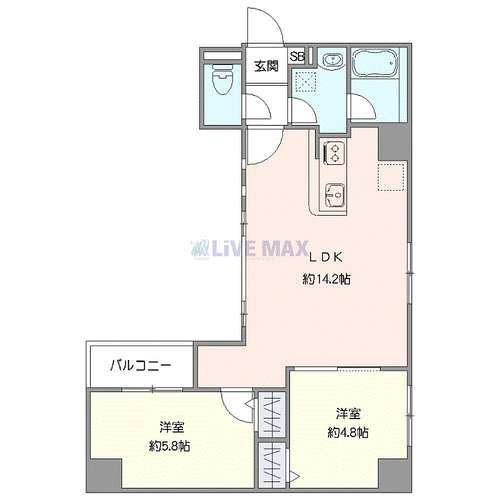 マンスリーリブマックス札幌・大通EASTスパイア★『禁煙ルーム・2LDK・51平米・ツイン』【独立洗面】≪スタンダードシリーズ≫の間取り図