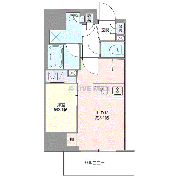 マンスリーリブマックス大宮EASTシーフォルム◆『禁煙ルーム・1LDK・30平米』【Wi-Fi無制限・カウンターキッチン】≪プレミアムシリーズ≫の間取り図