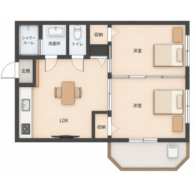 【5-6月限定特価】casa de mar 最大4名2DK 家具家電付 出張・長期滞在に最適の間取り図