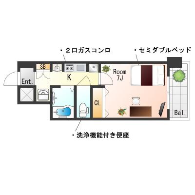 ★Sステイ京都東山RS三条京阪【禁煙ルーム・１K・セミダブルベッド】★wi-fiレンタル可★独立洗面化粧台・ウォシュレットなど設備充実★の間取り図