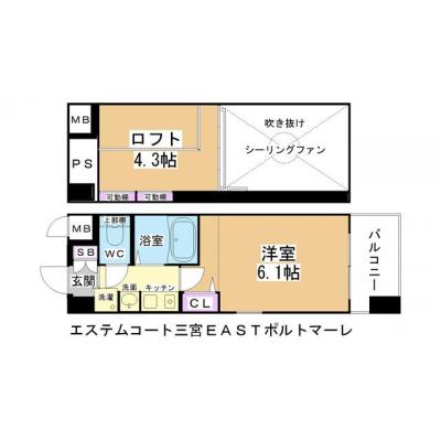今だけ割引【春日野道駅　徒歩1分】EC三宮ＥＡＳＴポルトマーレ【NET無料・ペット飼育相談可・温水洗浄便座・浴室乾燥機・４帖のロフト付】の間取り図