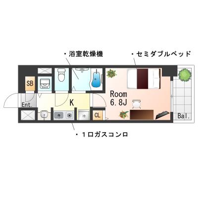 ★SステイRC名古屋・国際センター駅【禁煙ルーム・１K・wi-fiレンタル可（有料）・セミダブルベッド】★浴室乾燥機・独立洗面化粧台・ガスキッチン★の間取り図