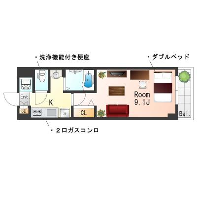 ★Sステイ京都駅前プラネシア【禁煙ルーム・１K・wifiレンタル可（有料）・ダブルベッド】★独立洗面台・温水洗浄便座・ガス２口キッチン★の間取り図
