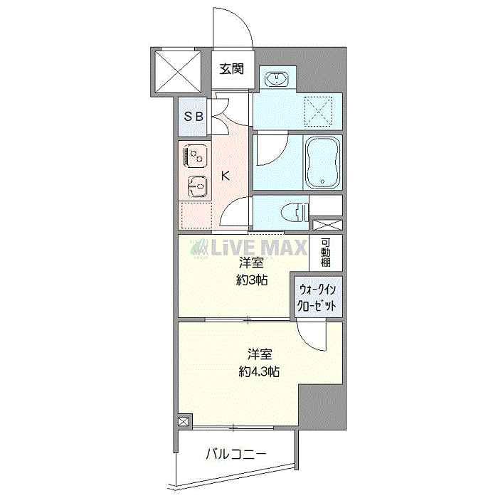 マンスリーリブマックス上野・入谷SOUTHアイズ★『禁煙ルーム・2K・25平米』【Wi-Fi無制限・独立洗面・浴室乾燥付】≪プレミアムシリーズ≫の間取り図
