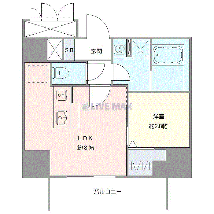 マンスリーリブマックス札幌EASTディアレイシャス◆∴『禁煙ルーム・1LDK・30平米』【カウンターキッチン・浴室乾燥付】≪プレミアムシリーズ≫の間取り図