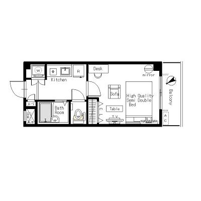 [六本木ヒルズ至近]マンスリー22A：1K、20平米(1階)の間取り図