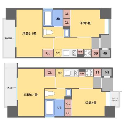 【オレンジマンスリー九大病院前】♪11万円コミコミキャンペーン♪ 馬出九大病院前駅4分・31㎡のゆったり2K♪　★トリプルセキュリティ・禁煙ルーム・Wi-Fi無料★　※全2部屋の間取り図