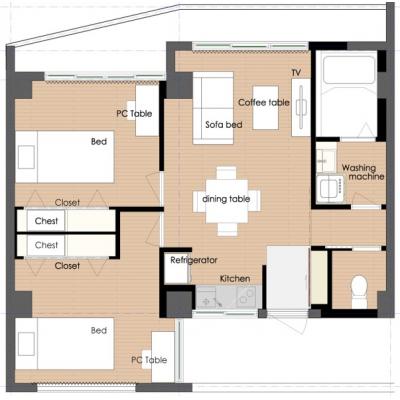 内覧可！【ラホヤ神戸中山手】2LDK▼48㎡以上の超広々♪▼Wi-Fi・光熱費・布団込み！▼駅まで徒歩5分▼こだわりの掃除でとっても清潔！▼専用のレセプション併設で入居中も安心♪の間取り図