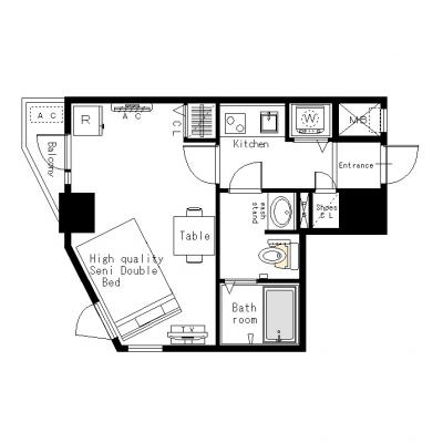 [六本木交差点至近]マンスリー17B：1K、25平米(6階・角部屋)の間取り図