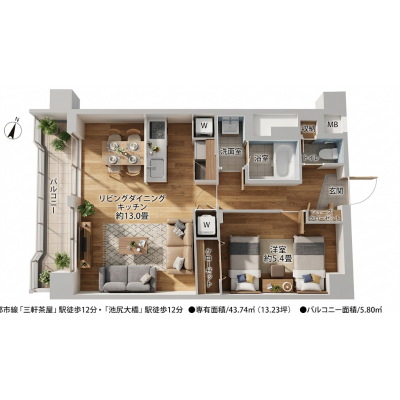 【三宿マンスリー　1LDK】〔三軒茶屋駅　徒歩12分〕〔池尻大橋駅　徒歩12分〕Wi-Fi無料の地図画像