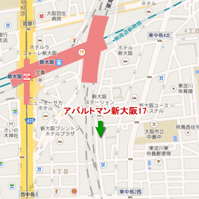 AP新大阪16【新大阪駅徒歩2分！デスクチェア設置物件！在宅ワーク・テレワークにおススメです！】の地図画像