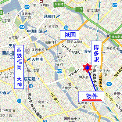【今月の契約に限り‼】通常料金1日/4,300円➡3,800円でご紹介可能！★博多駅徒歩3分のハイグレード物件♪　光インターネット無料！　ウォシュレット付♪の地図画像