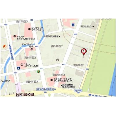 4月売以降　入居可能です。豊平川眺望良好な50㎡超広め1ＬＤＫマンション【サービスアパートメントSAPPORO】中島公園3　　エアコン完備の地図画像
